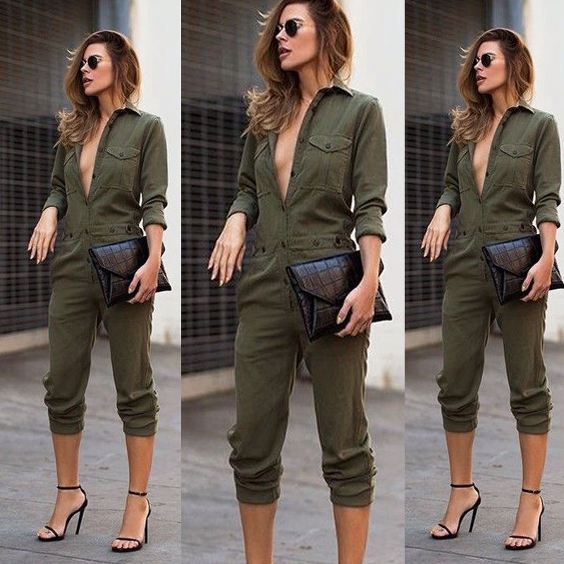Sexy Long Sleeve Army Green Jumpsuit
