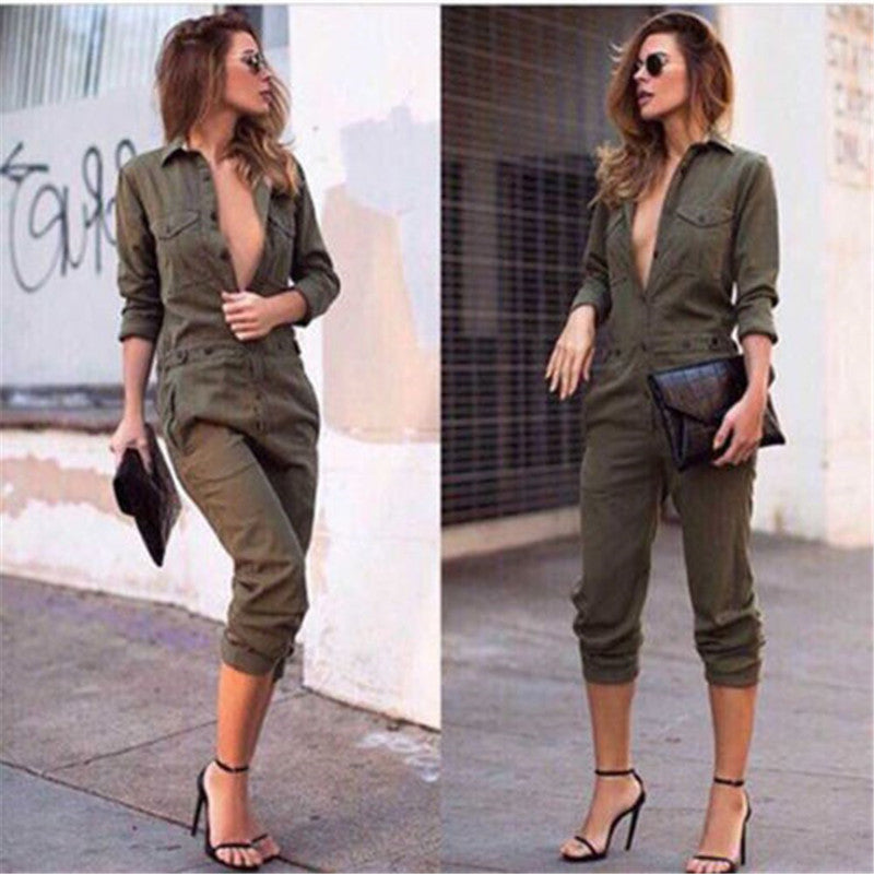Sexy Long Sleeve Army Green Jumpsuit