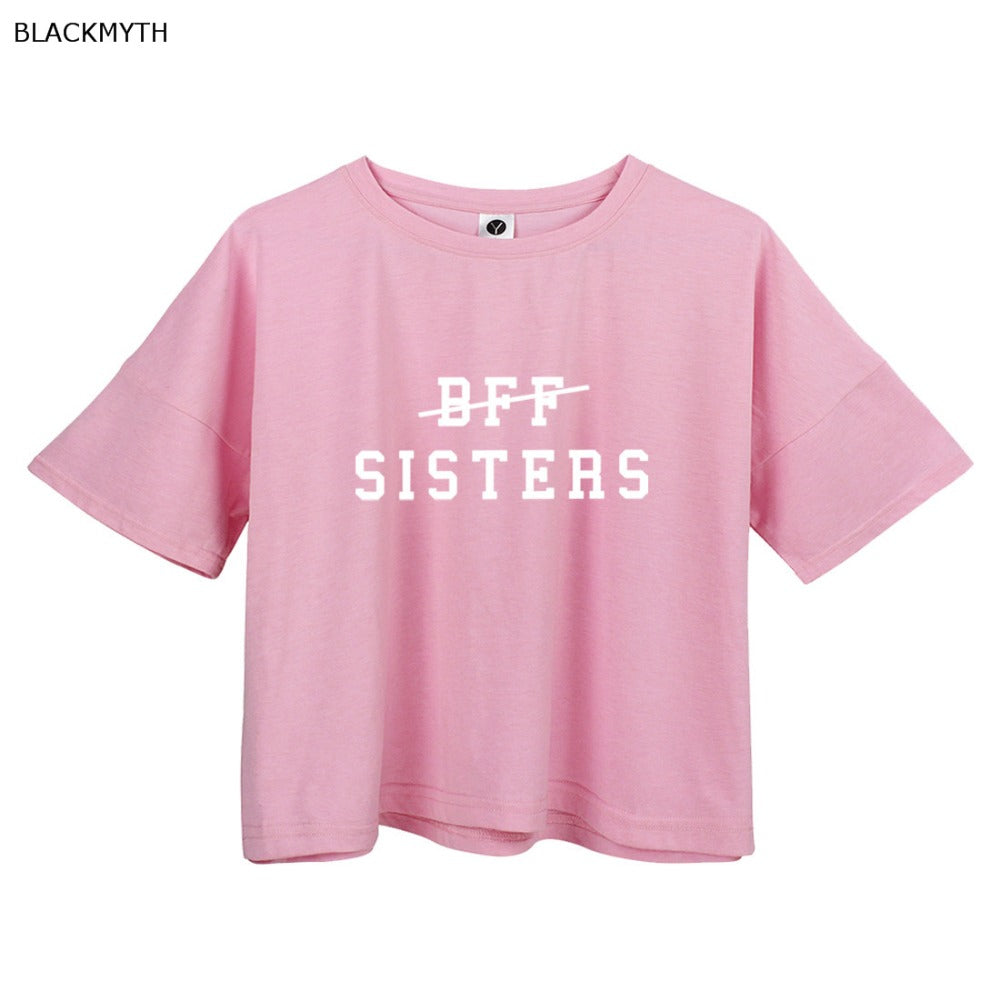 Not BFF We are SISTERS Short Sleeve Crop Top