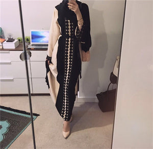 Muslim Open Abaya Dress Elegant Cotten Linen Lace Cardigan Long Robe Kimono Jubah Ramadan Arabic Turkish Islamic Prayer Clothing