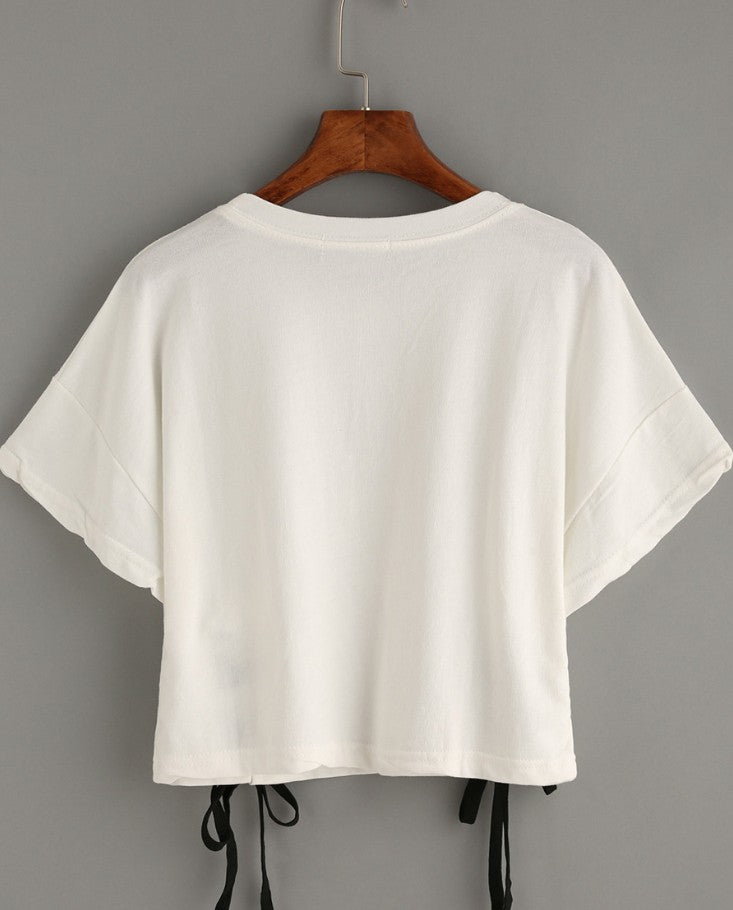 MERRY PRETTY new summer crop tops women t shirt letter print short sleeve lace up cotton loose sexy white t-shirt dance tee tops