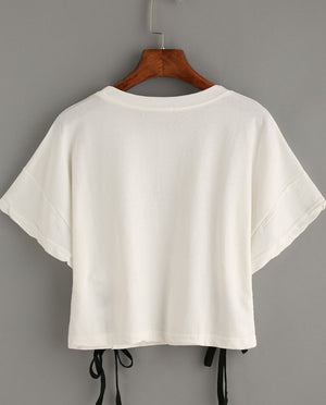 MERRY PRETTY new summer crop tops women t shirt letter print short sleeve lace up cotton loose sexy white t-shirt dance tee tops