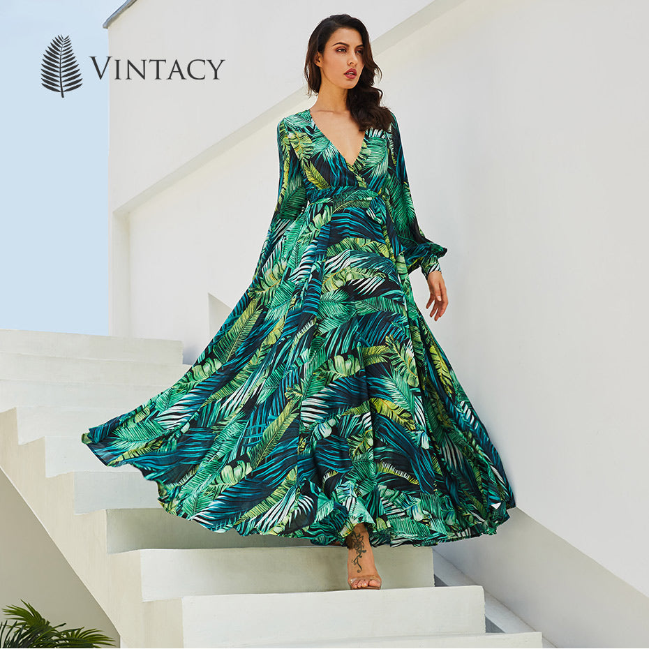Tropical Long Sleeve Maxi Dress