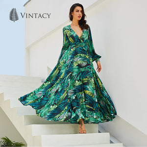 Tropical Long Sleeve Maxi Dress
