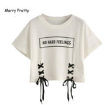 MERRY PRETTY new summer crop tops women t shirt letter print short sleeve lace up cotton loose sexy white t-shirt dance tee tops