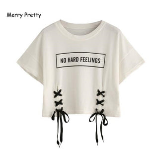 MERRY PRETTY new summer crop tops women t shirt letter print short sleeve lace up cotton loose sexy white t-shirt dance tee tops