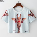 Giraffe with Glasses Cropped Short Sleeve T Shirt
