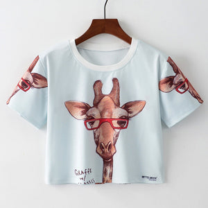 Giraffe with Glasses Cropped Short Sleeve T Shirt