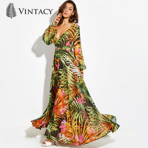 Tropical Long Sleeve Maxi Dress