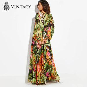 Tropical Long Sleeve Maxi Dress