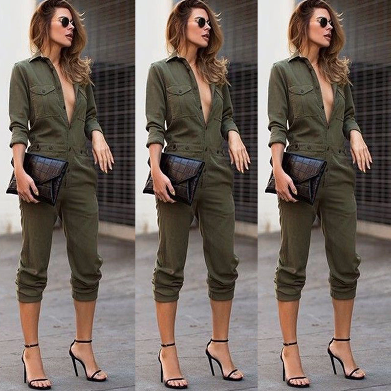 Sexy Long Sleeve Army Green Jumpsuit