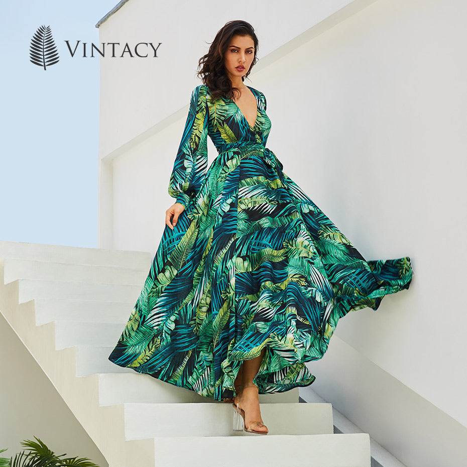 Tropical Long Sleeve Maxi Dress