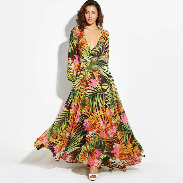 Tropical Long Sleeve Maxi Dress