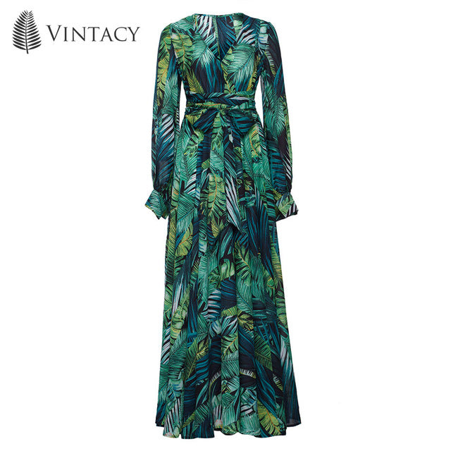 Tropical Long Sleeve Maxi Dress